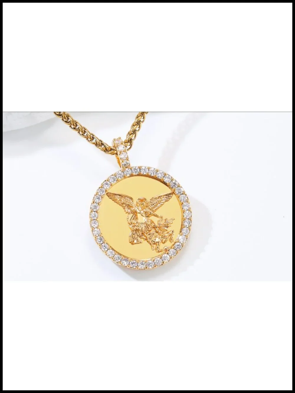 Saint Michael Archangel 18K Gold Plated Pendant Necklace CZ Pave Religious Charm